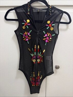 Club Exx Black Mesh hooded Bodysuit with Multicolor Jewel Accents XS